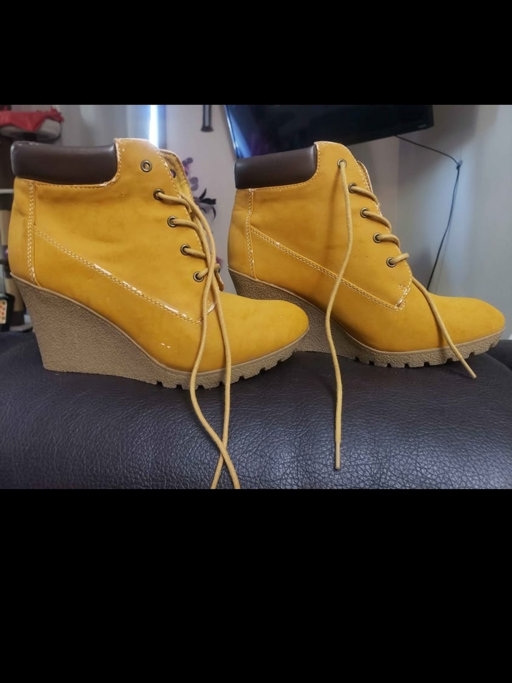 MIA Mustard Yellow Lace-Up Wedge Ankle Boots